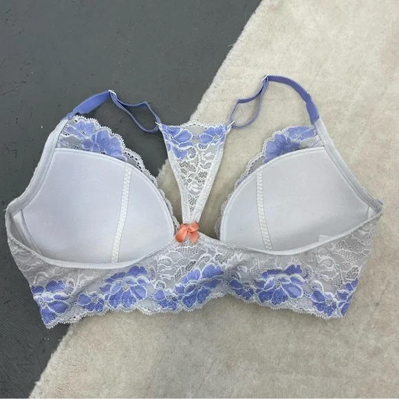 ⛔️SOLD⛔️Adore Me White & Purple Floral Lace Padded Racerback Underwired Bra Size - Picture 2 of 8